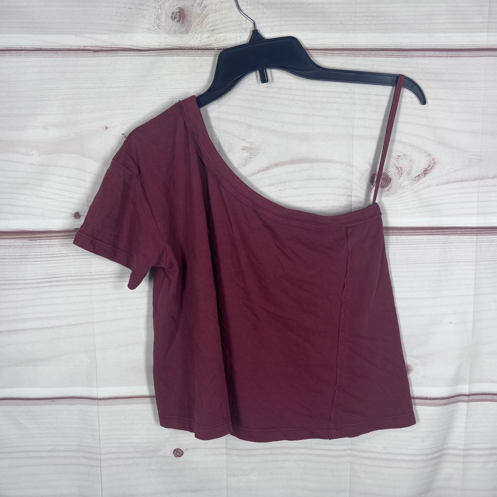 We The Free Top Women XS Burgundy One Shoulder Short Sleeve Cotton Crop T-Shirt